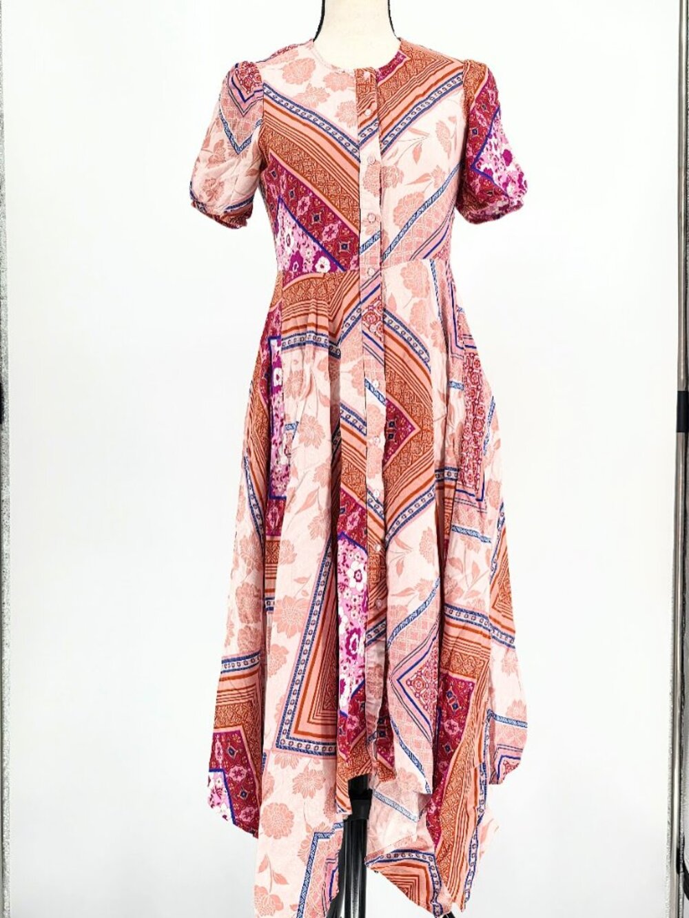 Roolee Patchwork Handkerchief Midi Dress Pink Orange Boho Short Sleeve Size S